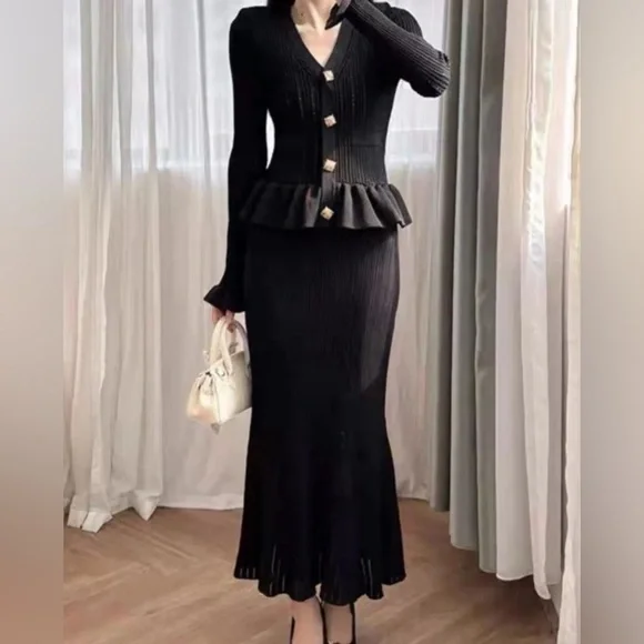 SOLD OUT 282. HIGH END Ruffled Knit Top and Flared Skirt Set in Black - Picture 2 of 3